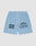 LFDY Loyal Shorts by LIVE FAST DIE YOUNG: Light blue mesh, elastic waistband, white drawstring, oversized fit. Left leg has a bold dark “55”, right leg features an eye graphic and LIVE FAST DIE YOUNG CLOTHING text.