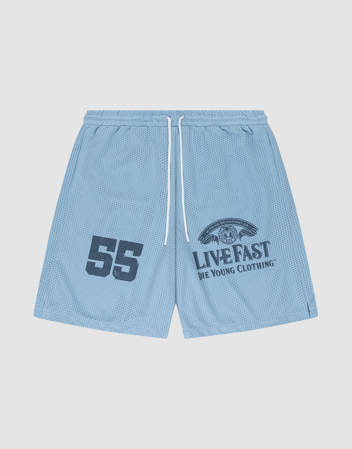 LFDY Loyal Shorts by LIVE FAST DIE YOUNG: Light blue mesh, elastic waistband, white drawstring, oversized fit. Left leg has a bold dark “55”, right leg features an eye graphic and LIVE FAST DIE YOUNG CLOTHING text. | plain