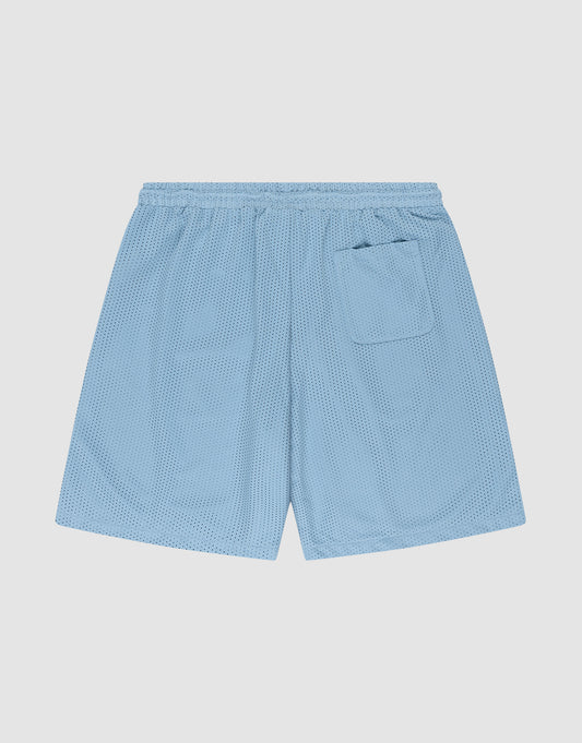 The LFDY Loyal Shorts by LIVE FAST DIE YOUNG are light blue mesh athletic shorts with an elastic waistband, single back pocket, and oversize fit, crafted from polyester and shown flat against a plain white background.