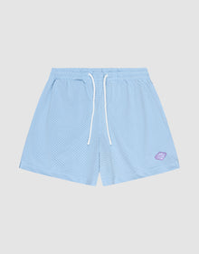The LIVE FAST DIE YOUNG Basic Mesh Shorts are light blue, regular fit with an elastic waistband, white drawstrings, and a small purple logo patch on the lower left leg, shown against a plain light gray background. | plain