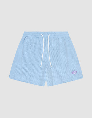 The LIVE FAST DIE YOUNG Basic Mesh Shorts are light blue, regular fit with an elastic waistband, white drawstrings, and a small purple logo patch on the lower left leg, shown against a plain light gray background. | plain