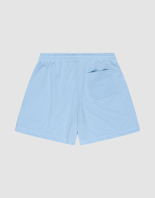 The LIVE FAST DIE YOUNG Basic Mesh Shorts in light blue feature a regular fit, elastic waistband, single back pocket, and subtle logo patch. Displayed flat against a plain white background.