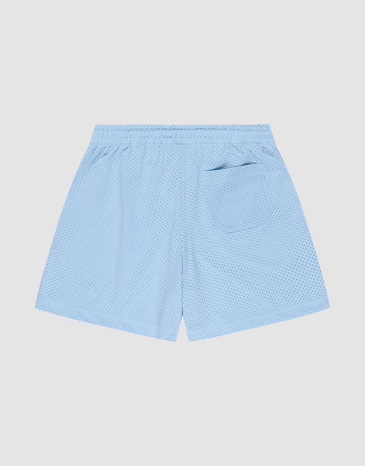 The LIVE FAST DIE YOUNG Basic Mesh Shorts in light blue feature a regular fit, elastic waistband, single back pocket, and subtle logo patch. Displayed flat against a plain white background.