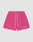 The LFDY Oval Mesh Shorts by LIVE FAST DIE YOUNG feature a bright pink color, elastic waistband, white drawstrings, and a blue and white LIVE FAST graphic. Made from breathable polyester mesh in a regular fit. Displayed flat on a light background.