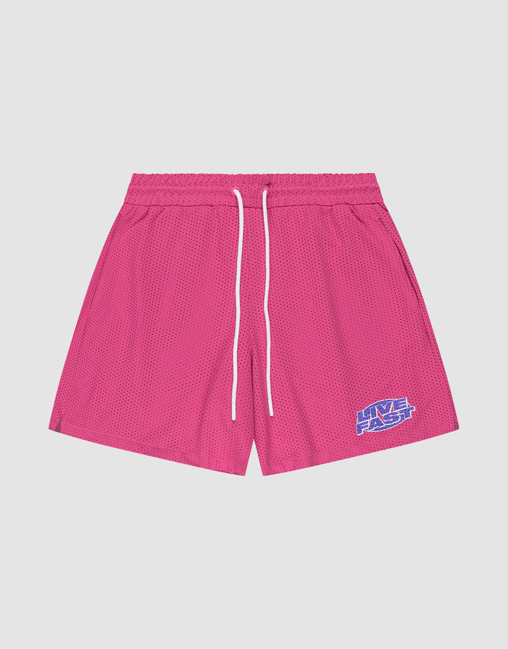 The LFDY Oval Mesh Shorts by LIVE FAST DIE YOUNG feature a bright pink color, elastic waistband, white drawstrings, and a blue and white LIVE FAST graphic. Made from breathable polyester mesh in a regular fit. Displayed flat on a light background. | plain