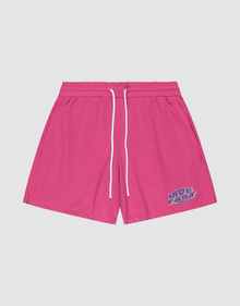 The LFDY Oval Mesh Shorts by LIVE FAST DIE YOUNG feature a bright pink color, elastic waistband, white drawstrings, and a blue and white LIVE FAST graphic. Made from breathable polyester mesh in a regular fit. Displayed flat on a light background. | plain