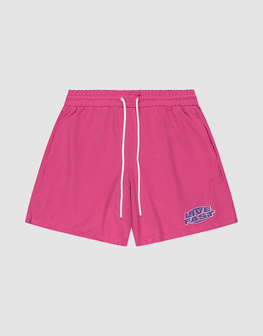The LFDY Oval Mesh Shorts by LIVE FAST DIE YOUNG feature a bright pink color, elastic waistband, white drawstrings, and a blue and white LIVE FAST graphic. Made from breathable polyester mesh in a regular fit. Displayed flat on a light background. | plain