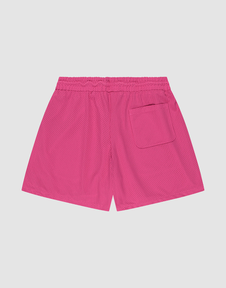 The LFDY Oval Mesh Shorts by LIVE FAST DIE YOUNG are bright pink, feature a regular fit, elastic waistband, and single back patch pocket, made from lightweight polyester and shown on a plain light background.