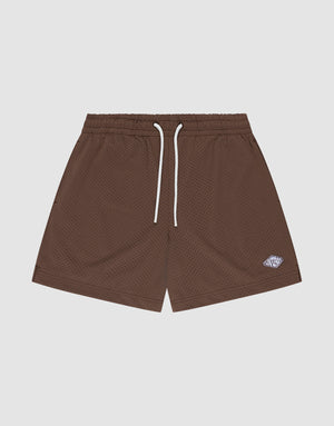 LIVE FAST DIE YOUNG Basic Mesh Shorts: Brown, 100% polyester with elastic waistband, white drawstrings, and embroidered oval logo near the left hem. Regular fit; shown on a plain light background. | plain