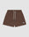 LIVE FAST DIE YOUNG Basic Mesh Shorts: Brown, 100% polyester with elastic waistband, white drawstrings, and embroidered oval logo near the left hem. Regular fit; shown on a plain light background.