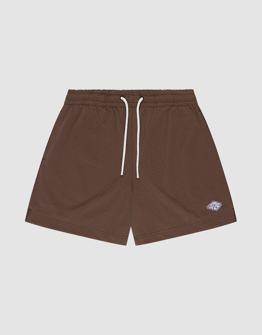 LIVE FAST DIE YOUNG Basic Mesh Shorts: Brown, 100% polyester with elastic waistband, white drawstrings, and embroidered oval logo near the left hem. Regular fit; shown on a plain light background. | plain