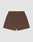 LIVE FAST DIE YOUNG Basic Mesh Shorts in brown, featuring Regular Fit, elastic waistband, and single back pocket. Displayed flat on a plain light background, 100% polyester, showing the back view.