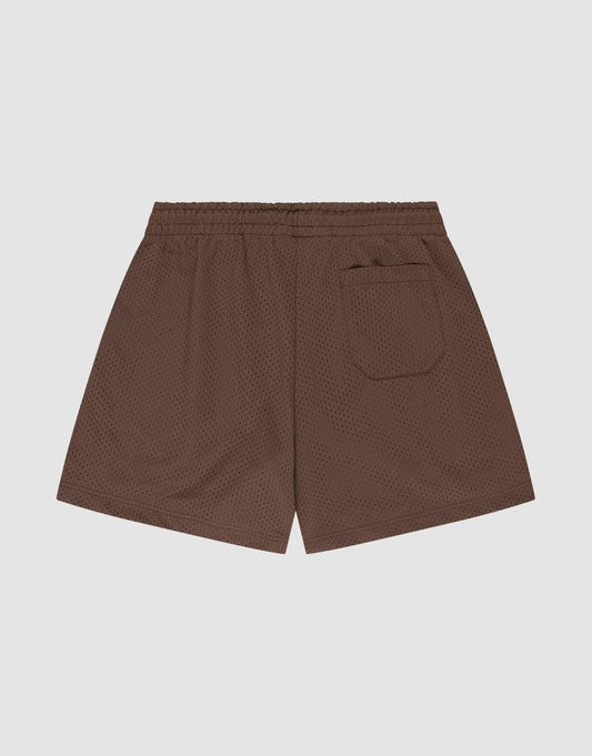 LIVE FAST DIE YOUNG Basic Mesh Shorts in brown, featuring Regular Fit, elastic waistband, and single back pocket. Displayed flat on a plain light background, 100% polyester, showing the back view.