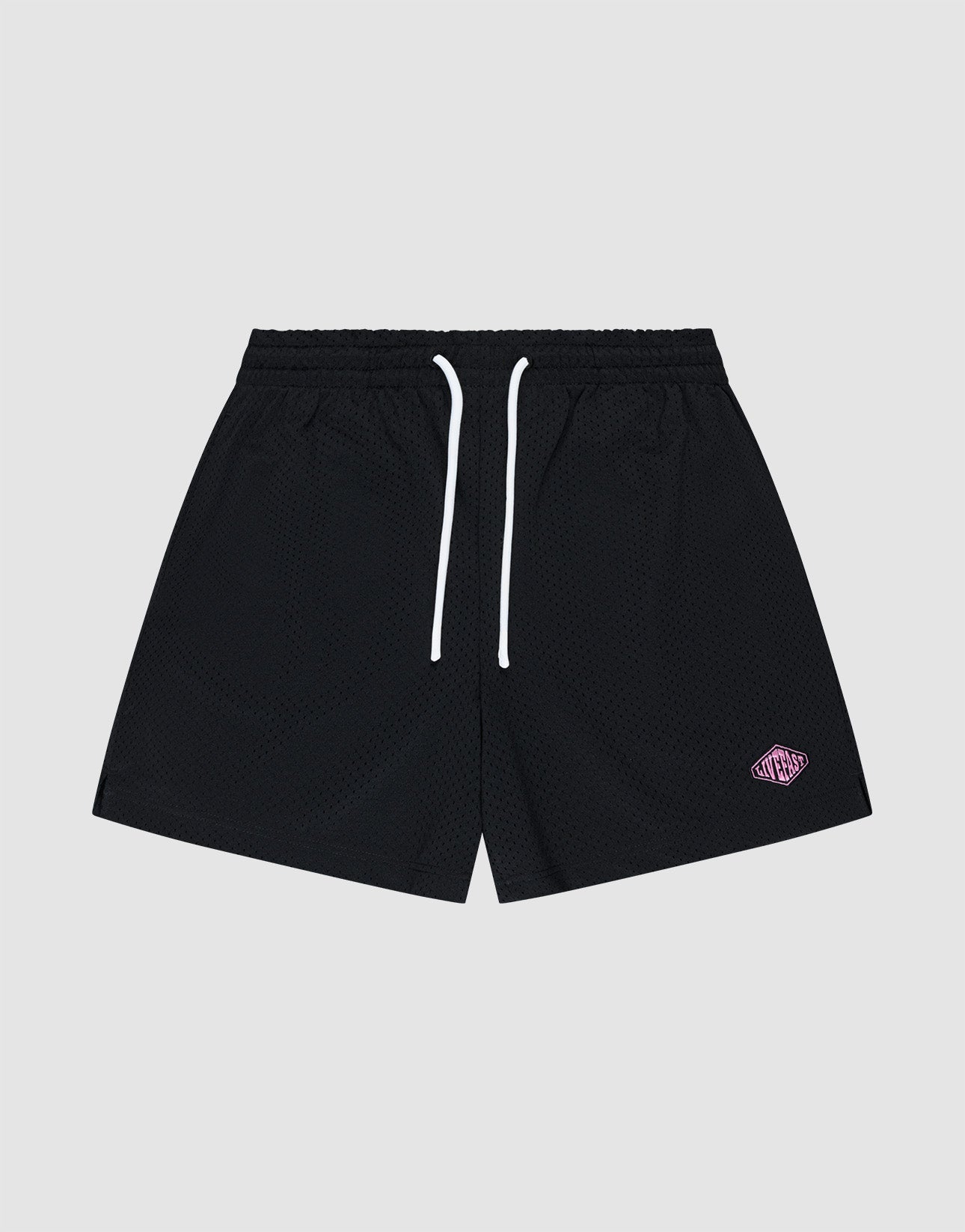 The LIVE FAST DIE YOUNG Basic Mesh Shorts feature a black mesh design, white drawstrings, an elastic waistband for comfort, and a small purple and white logo patch on the lower left leg, shown against a plain light gray background. | plain