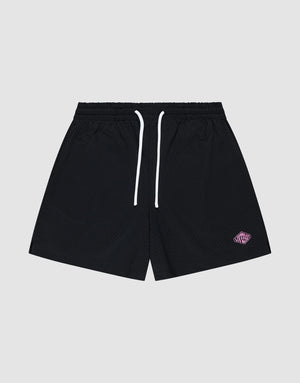 The LIVE FAST DIE YOUNG Basic Mesh Shorts feature a black mesh design, white drawstrings, an elastic waistband for comfort, and a small purple and white logo patch on the lower left leg, shown against a plain light gray background. | plain