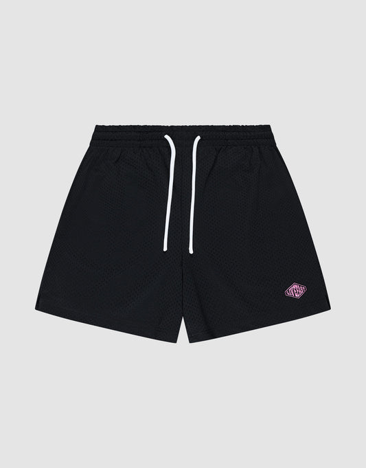 The LIVE FAST DIE YOUNG Basic Mesh Shorts feature a black mesh design, white drawstrings, an elastic waistband for comfort, and a small purple and white logo patch on the lower left leg, shown against a plain light gray background. | plain