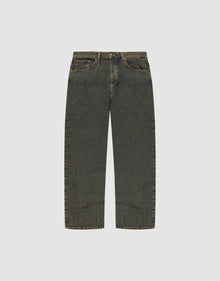 The LFDY Baggy Denim by LIVE FAST DIE YOUNG features a straight-leg, mid-rise fit in blue 100% Baumwolle, with a subtle worn effect and classic five-pocket style, shown flat on a plain white background. | plain