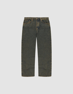 The LFDY Baggy Denim by LIVE FAST DIE YOUNG features a straight-leg, mid-rise fit in blue 100% Baumwolle, with a subtle worn effect and classic five-pocket style, shown flat on a plain white background. | plain