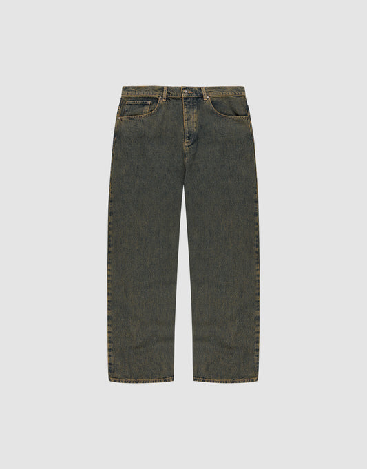 The LFDY Baggy Denim by LIVE FAST DIE YOUNG features a straight-leg, mid-rise fit in blue 100% Baumwolle, with a subtle worn effect and classic five-pocket style, shown flat on a plain white background. | plain