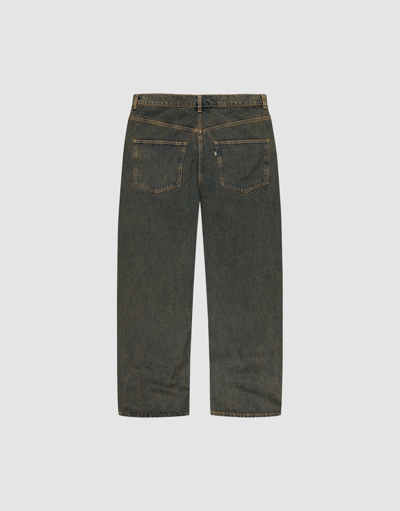 The LFDY Baggy Denim by LIVE FAST DIE YOUNG features a dark wash, baggy fit, wide straight leg, two back pockets, and brown stitching, displayed from the back on a light gray background.