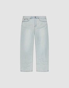 The LFDY Baggy Denim by LIVE FAST DIE YOUNG features light blue, straight-leg jeans with a baggy fit, five pockets, button and zipper closure, made from 100% Baumwolle. Shown flat on a plain white background. | plain