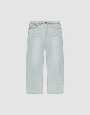 The LFDY Baggy Denim by LIVE FAST DIE YOUNG features light blue, straight-leg jeans with a baggy fit, five pockets, button and zipper closure, made from 100% Baumwolle. Shown flat on a plain white background. | plain