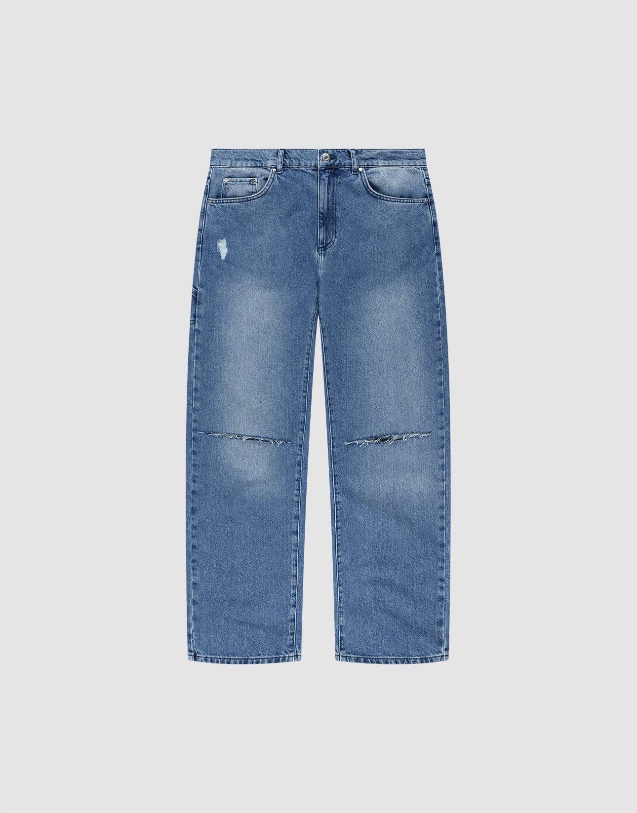 The LIVE FAST DIE YOUNG Oversize Ripped Denim jeans feature a light blue wash, straight-leg fit, distressed details with a rip above one pocket, faded knee patches, five pockets, a button fly, and classic Gerades Bein style.