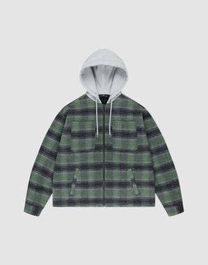 The LIVE FAST DIE YOUNG Vintage Padded Hooded Flannel features a green and black plaid design, gray hood, zip front, two front pockets, and two chest flap pockets, shown against a light gray background. | plain