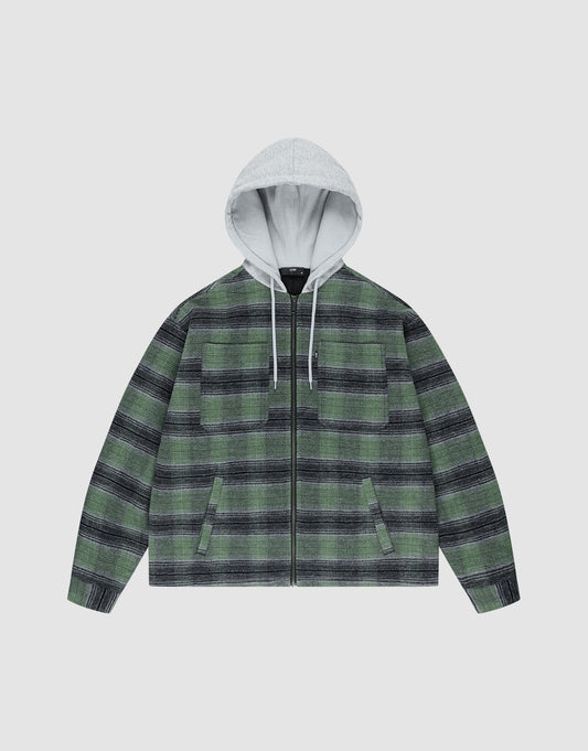 The LIVE FAST DIE YOUNG Vintage Padded Hooded Flannel features a green and black plaid design, gray hood, zip front, two front pockets, and two chest flap pockets, shown against a light gray background. | plain