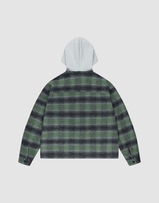 The LIVE FAST DIE YOUNG Vintage Padded Hooded Flannel features green and black plaid, a light gray hood, long sleeves, and a vintage wash. Shown laid flat from the back on a white background.