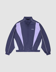 The LIVE FAST DIE YOUNG Basic Nylon Trackjacket features a navy blue and lavender Regular Fit with white accents, a zip-up front, high collar, Logo-Stick detail, and elastic cuffs and hem, shown on a light gray background. | plain