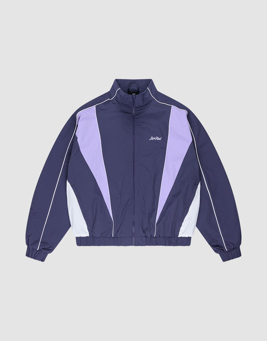 The LIVE FAST DIE YOUNG Basic Nylon Trackjacket features a navy blue and lavender Regular Fit with white accents, a zip-up front, high collar, Logo-Stick detail, and elastic cuffs and hem, shown on a light gray background. | plain