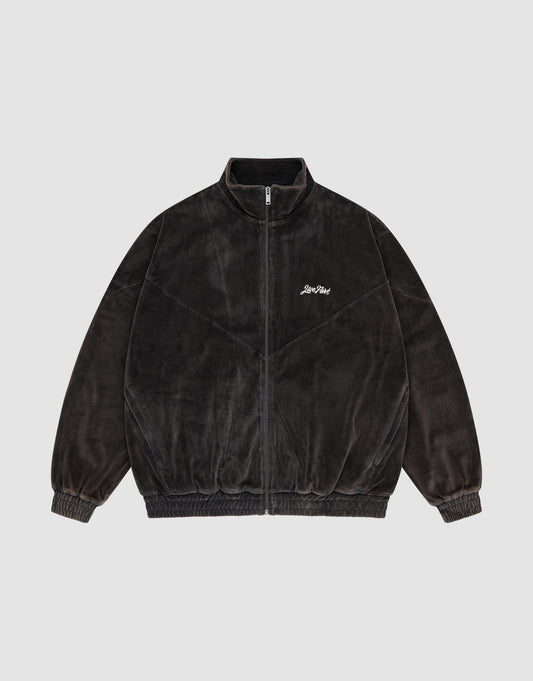 The LFDY Velour Jacket by LIVE FAST DIE YOUNG is a dark brown velvet zip-up with Stehkragen, elastic cuffs and hem, and a small white logo on the left chest, shown against a light gray background. | plain