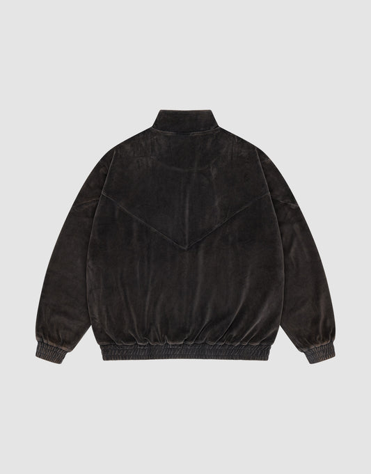 The LFDY Velour Jacket by LIVE FAST DIE YOUNG is a black velvet bomber with a stand-up collar, elastic cuffs and waistband, subtle V-shaped upper back seam, and an Oversize Fit for modern style—shown from the back.