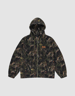 The LIVE FAST DIE YOUNG LFDY Fleece Hooded Zip is an oversize fit zip-up hoodie in green and brown camo, featuring a drawstring hood, kangaroo pocket, and orange left-chest logo, shown on a plain light gray background. | plain