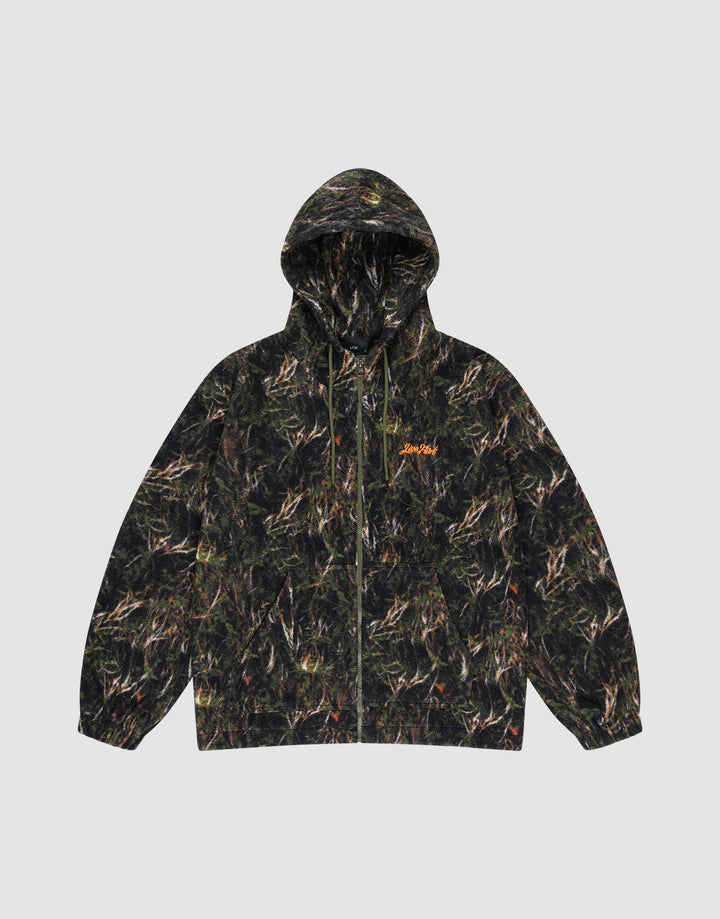 The LIVE FAST DIE YOUNG LFDY Fleece Hooded Zip is an oversize fit zip-up hoodie in green and brown camo, featuring a drawstring hood, kangaroo pocket, and orange left-chest logo, shown on a plain light gray background. | plain