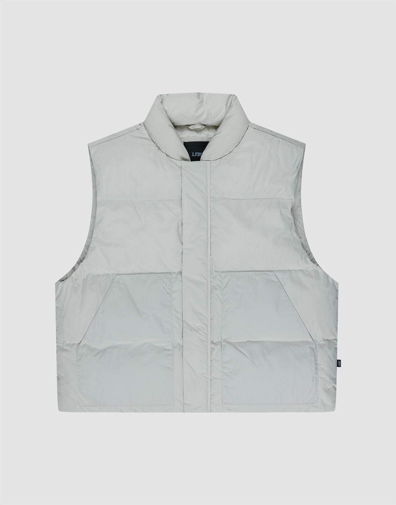 The LIVE FAST DIE YOUNG Basic Cropped Vest is a light grey, sleeveless polyester puffer with a high collar, two large front pockets, and a regular fit. Shown on a plain white background, it's perfect for versatile layering. | plain