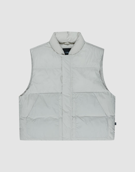 The LIVE FAST DIE YOUNG Basic Cropped Vest is a light grey, sleeveless polyester puffer with a high collar, two large front pockets, and a regular fit. Shown on a plain white background, it's perfect for versatile layering. | plain