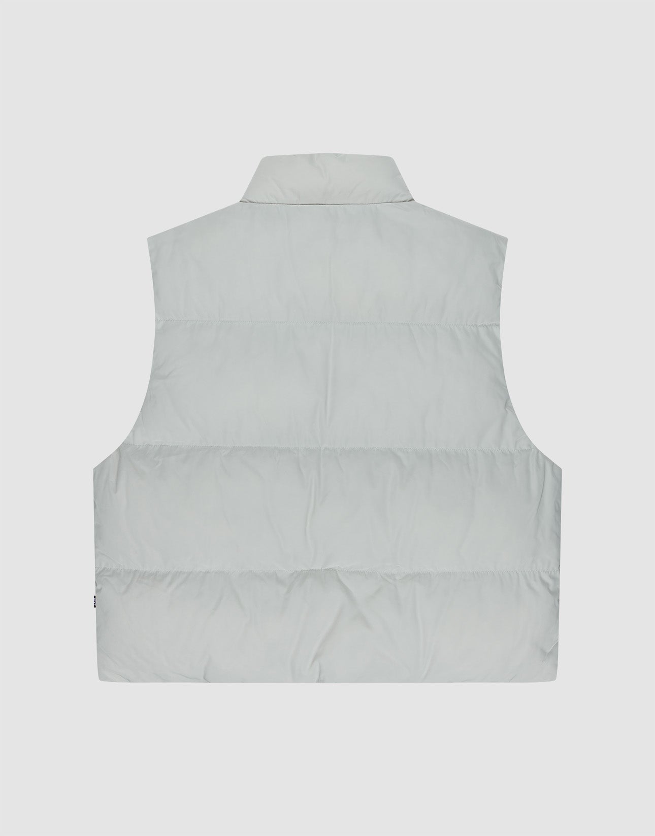 Back view of the LIVE FAST DIE YOUNG Basic Cropped Vest in light gray polyester, sleeveless with horizontal quilting and a stand-up collar, regular fit, shown on a plain white background.