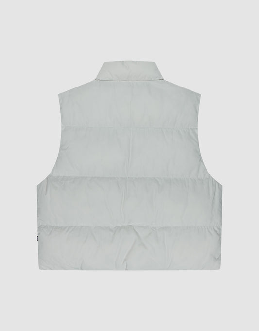 Back view of the LIVE FAST DIE YOUNG Basic Cropped Vest in light gray polyester, sleeveless with horizontal quilting and a stand-up collar, regular fit, shown on a plain white background.