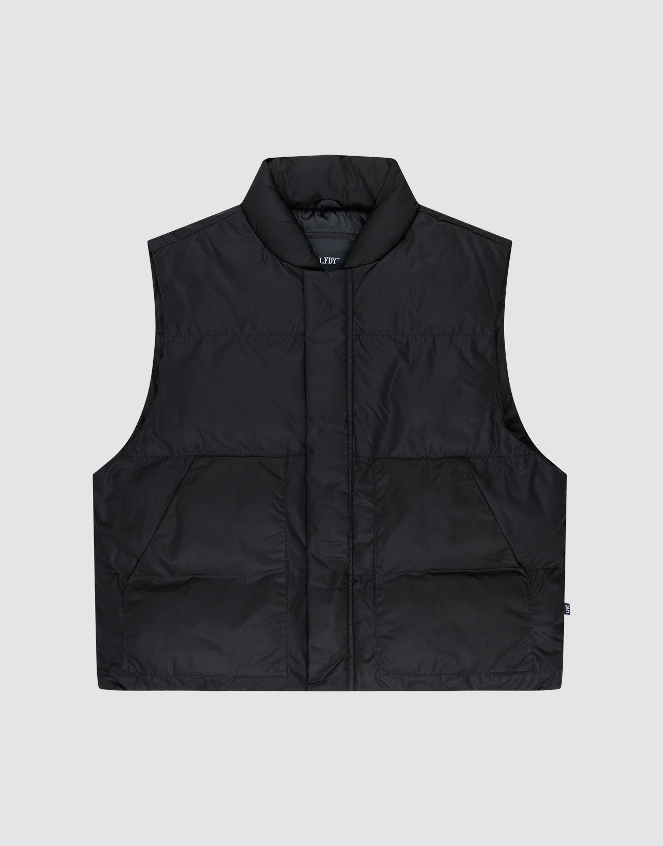The LIVE FAST DIE YOUNG Basic Cropped Vest is a black, regular-fit, sleeveless puffer with a high collar, large pockets, visible zipper and button closure, shown laid flat on a light grey background.