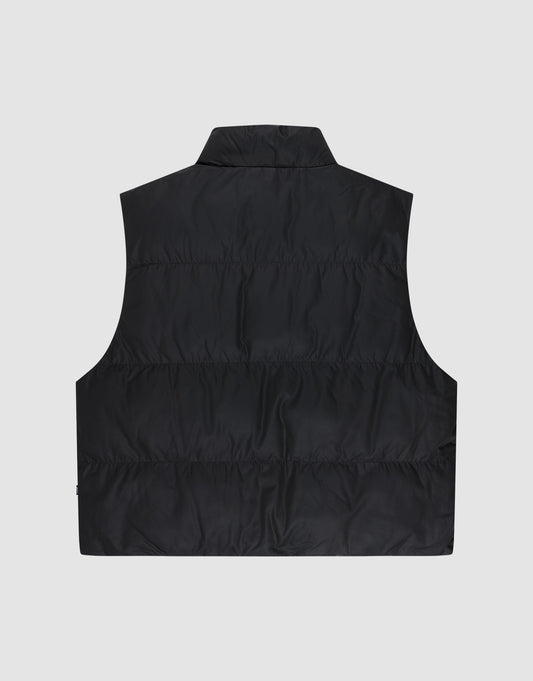 The LIVE FAST DIE YOUNG Basic Cropped Vest is shown from the back, sleeveless and black with a high collar, large pockets, and horizontal stitching, in Regular Fit, laid flat on a light grey background.