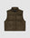 The Live Fast Cropped Vest by LIVE FAST DIE YOUNG is an olive green sleeveless polyester vest in a regular fit with a high collar, front zipper, snap-button closure, two large front pockets, and a small LMTDFAST logo on the left chest. Light gray background.