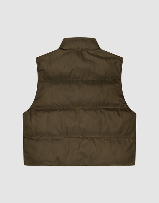 Back view of the LIVE FAST DIE YOUNG Live Fast Cropped Vest—a brown, sleeveless, quilted puffer with stand collar and regular fit polyester—shown against a plain white background.