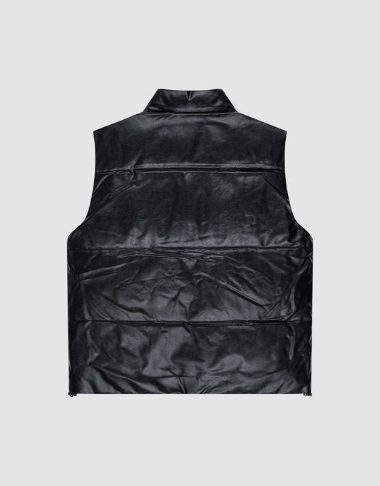 A black, sleeveless Padded Vest by LIVE FAST DIE YOUNG is displayed from the back against a plain light gray background. The regular fit vest has horizontal quilting and a short stand-up collar for extra style.