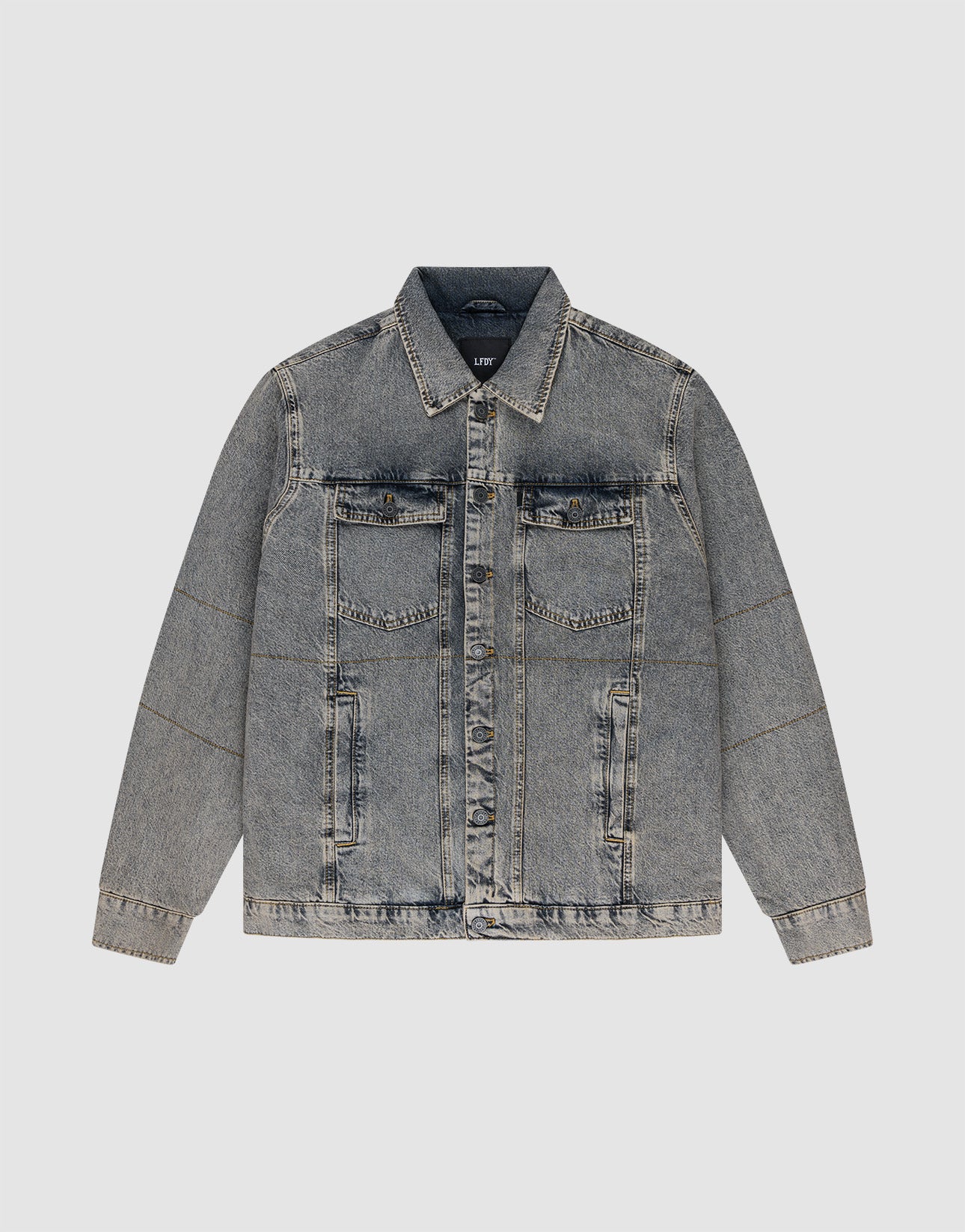 The LIVE FAST DIE YOUNG Puffed Denim Coach Jacket in light blue features an oversized fit, button-up front, vintage wash, two chest flap pockets, and two side pockets, shown against a plain light gray background. | plain