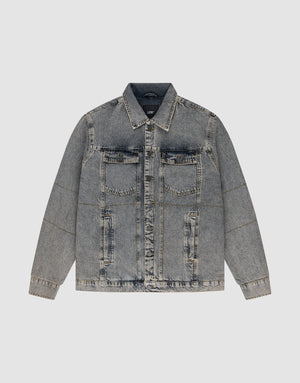 The LIVE FAST DIE YOUNG Puffed Denim Coach Jacket in light blue features an oversized fit, button-up front, vintage wash, two chest flap pockets, and two side pockets, shown against a plain light gray background. | plain