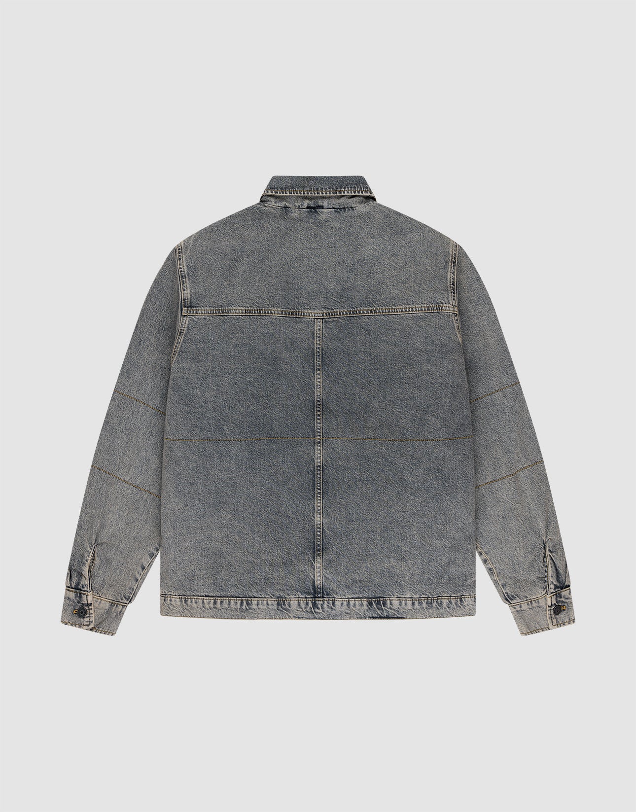 Back view of the LIVE FAST DIE YOUNG Puffed Denim Coach Jacket in light blue with a classic collar, long sleeves, adjustable cuffs, visible stitching, straight hem, and subtle vintage wash.