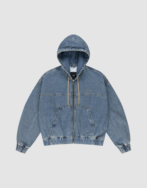 The LIVE FAST DIE YOUNG Denim Hooded Zip is a blue oversized jacket with front zipper, beige drawstrings, and elastic cuffs and hem. Made from 100% Baumwolle for comfort and durability, shown on a plain white background. | plain