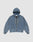 The LIVE FAST DIE YOUNG Denim Hooded Zip is a blue oversized jacket with front zipper, beige drawstrings, and elastic cuffs and hem. Made from 100% Baumwolle for comfort and durability, shown on a plain white background.